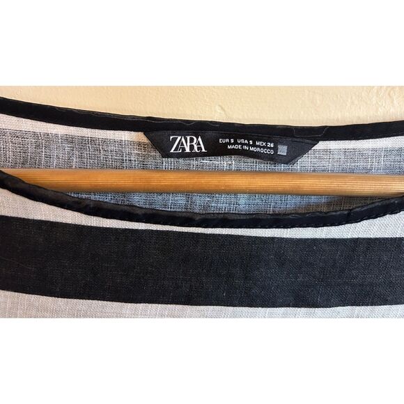 Zara Striped 100% Linen Top Black White Striped Top Gold Button Accent US/S EU/S - Picture 3 of 7